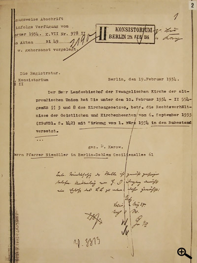 Der Gemeinderat Dahlem wird erst Wochen nach Niemöllers Entlassung offiziell benachrichtigt.