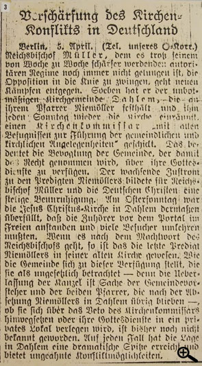 Das Ausland beobachtet den Kirchenkonflikt in Deutschland aufmerksam. Bericht der Neuen Züricher Zeitung über Niemöllers Entlassung vom 5.4.1934.