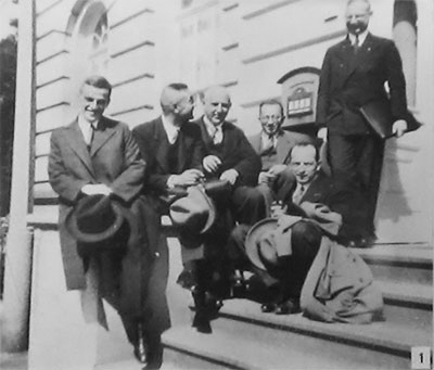 „Berliner“ in Barmen (von links nach rechts: Franz Hildebrandt, Martin Niemöller, Fritz Müller, Willi Prätorius, Eberhard Röhricht, Gerhard Jacobi.