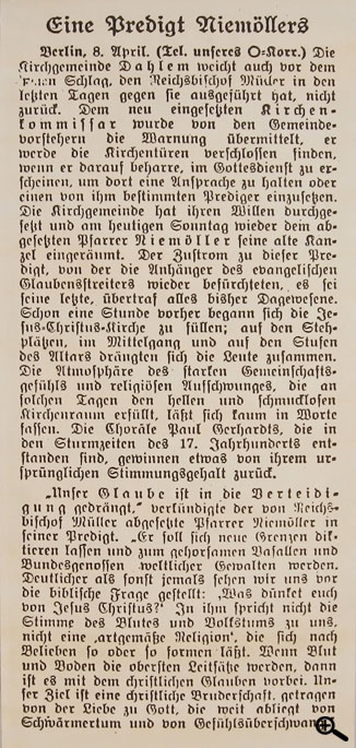 Bericht der Neuen Züricher Zeitung vom 9.4.1934 über das Dahlemer Gemeindeleben.