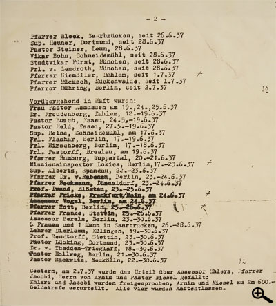 Fürbittliste vom 3. Juli 1937. Im Juli 1937 erlebte die BK eine der größten Verhaftungsaktionen, von der unter anderem fast der gesamte preußische Bruderrat betroffen war, mit etwas Verspätung am 1. Juli Niemöller. Am Sonntagabend, dem 4. Juli 1937, hielt Gollwitzer in der  Annen-Kirche den ersten der Fürbittgottesdienste, die von da an jeden Abend stattfanden. Dann wurde diese Fürbitte verlesen.(2)