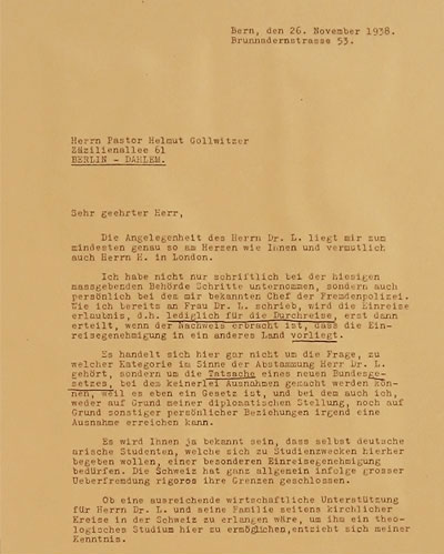 Brief des Diplomaten Hamel in Bern an Gollwitzer. Er kann für die Einreise der Familie Lutz in der Schweiz nichts unternehmen.