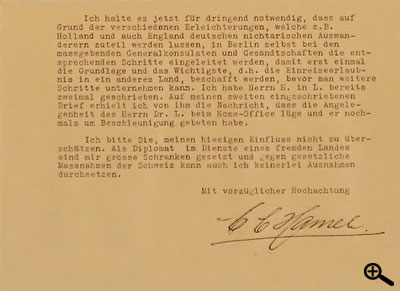 Brief des Diplomaten Hamel in Bern an Gollwitzer. Er kann für die Einreise der Familie Lutz in der Schweiz nichts unternehmen. (2)