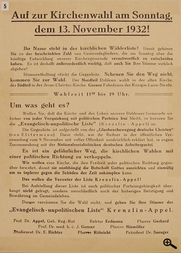 Flugblatt zur Kirchenwahl im November 1932 in Dahlem