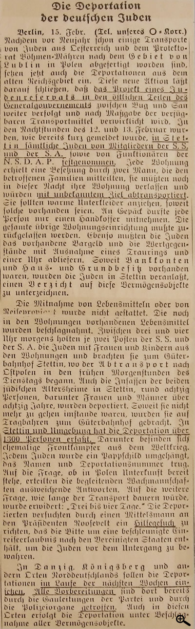 Neue Züricher Zeitung vom 16.2.1940. Schon über die erste Deportation von Juden wird in der Auslandspresse ausführlich berichtet.