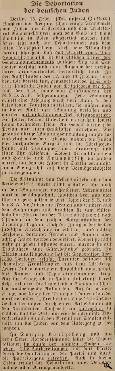 Neue Züricher Zeitung vom 16.2.1940. Schon über die erste Deportation von Juden wird in der Auslandspresse ausführlich berichtet.