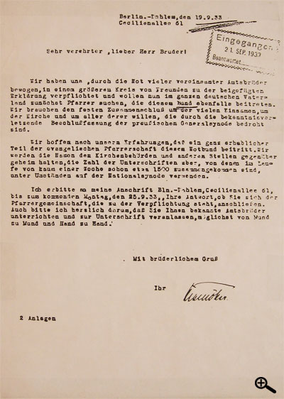 Einer der ersten Aufrufe Martin Niemöllers zum Beitritt in den Pfarrernotbund.
