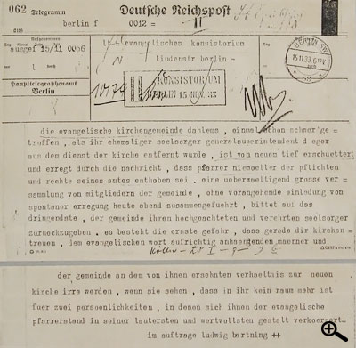 Telegramm der Dahlemer Gemeinde an das evangelische Konsistorium